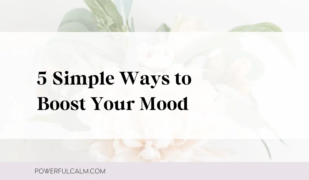 Blog Title card - flower with text overlay: 5 Simple Ways to Boost Your Mood - powerfulcalm.com on lavender stripe at bottom.
