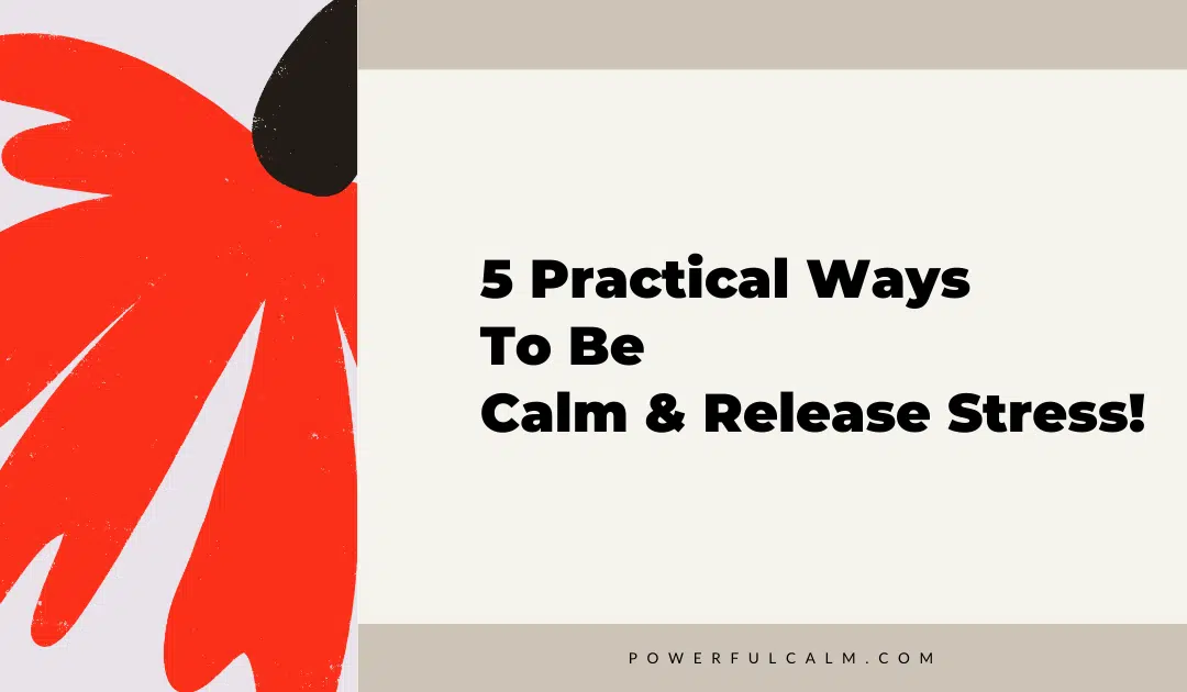 blog post title graphic with a modern red flower on a beige background that says 5 Practical Ways to Be Calm and Release Stress powerfulcalm.com