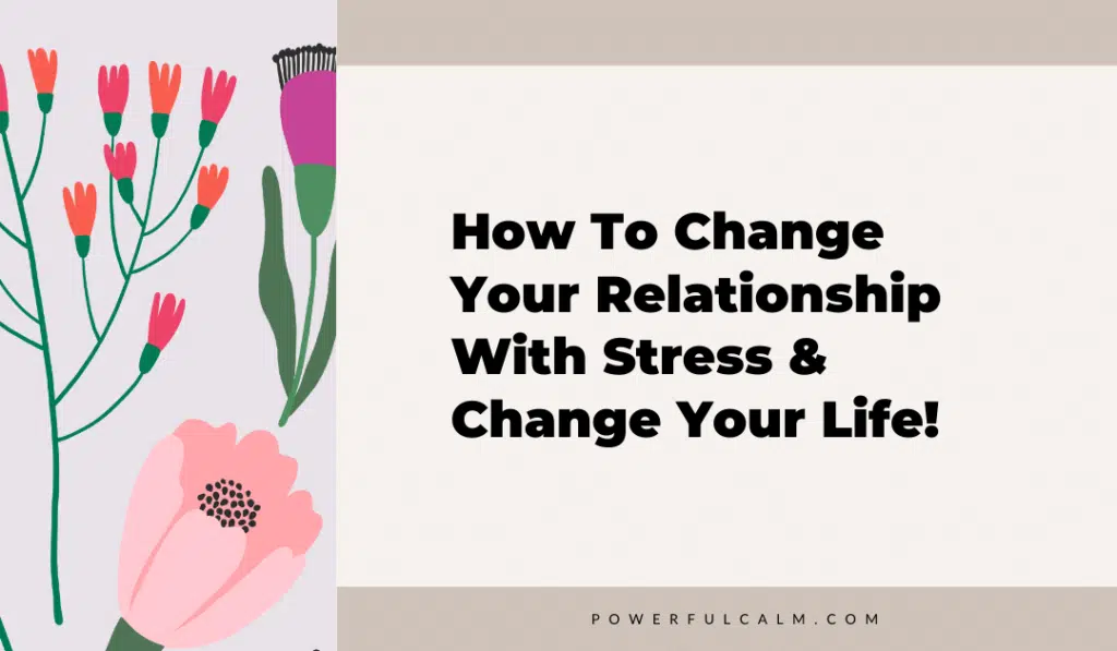 Blog title graphic with modern flowers and beige background that says, How to change your relationship with stress and change your life, powerfulcalm.com