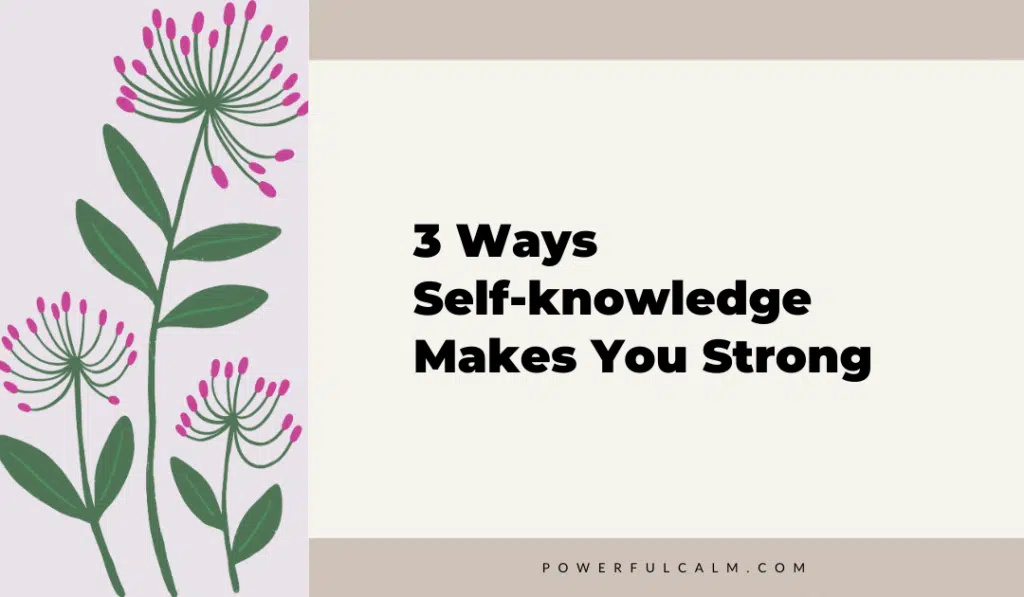 Blog post title graphic with modern flowers on a beige background that says 3 Ways Self-Knowledge Makes You Strong powerfulcalm.com