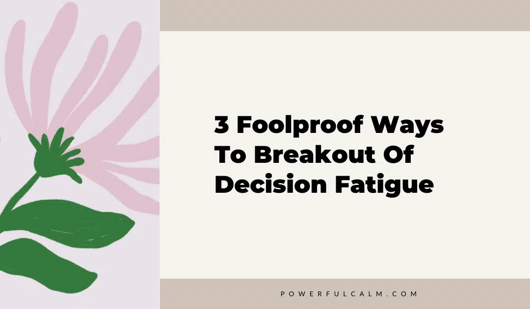 blog title graphic with a lavender modern flower on a beige background that says 3 foolproof ways to breakout of decision fatigue powerfulcalm.com