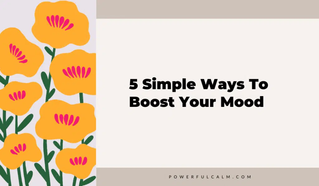 blog title graphic with gold modern flowers on a beige background that says, 5 simple ways to boost your mood powerfulcalm.com