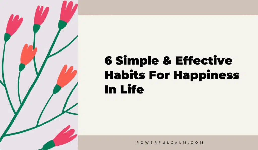 blog title graphic with modern pink and orange flowers on a beige background that says 6 simple and effective habits for happiness in life powerfulcalm.com