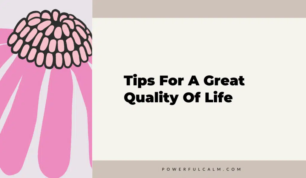 blog title graphic with a pink modern flower on a beige background that says, Tips for a great quality of life pwoerfulcalm.com