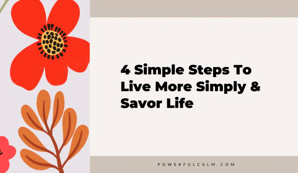 blog title graphic with modern red flowers on a beige background that says, 4 simple steps to live more simply and savor life powerfulcalm.com