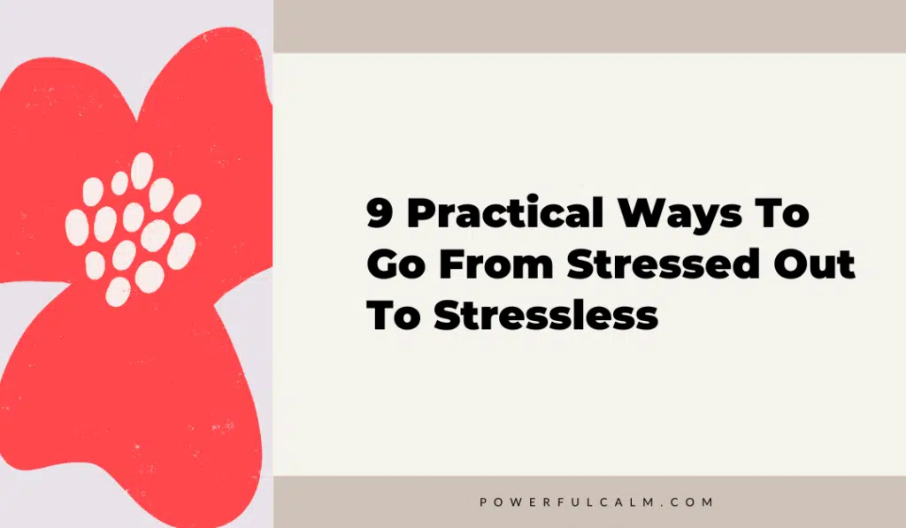 blog title graphic with a red modern flower on a beige background that says, 9 practical ways to go from stressed out to stressless powerfulcalm.com