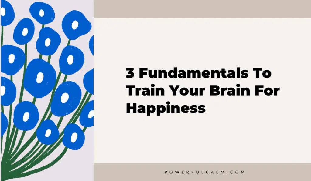 blog title graphic with blue modern flowers on a beige background that says, 3 fundamentals to train your brain for happiness, powerfulcalm.com