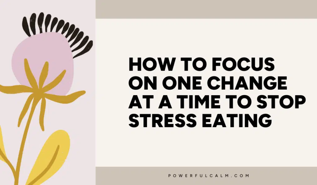 Blog post title card with a beige background and lavender modern flower that says, how to focus on one change at a time to stop stress eating. powerfulcalm.com