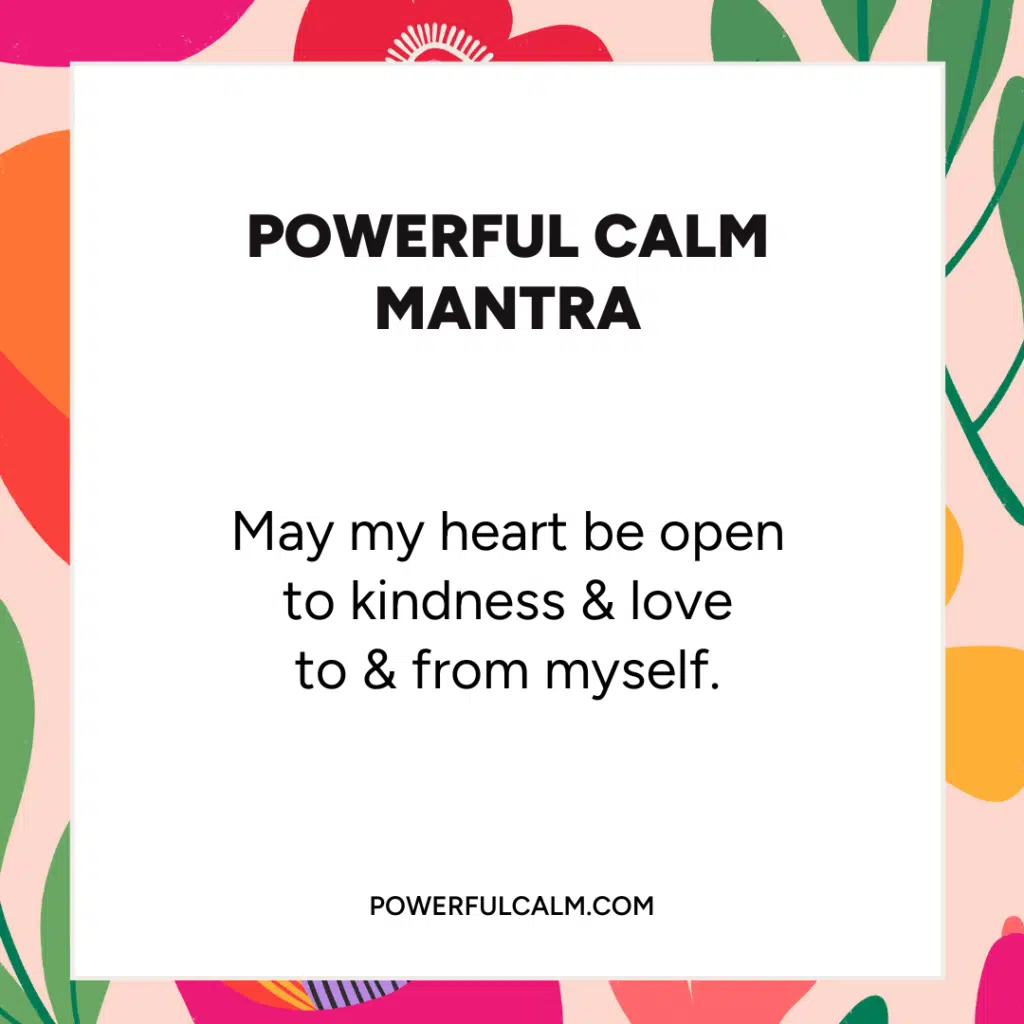 Mantras break free from stress eating quote card with colorful flower background. powerfulcalm.com